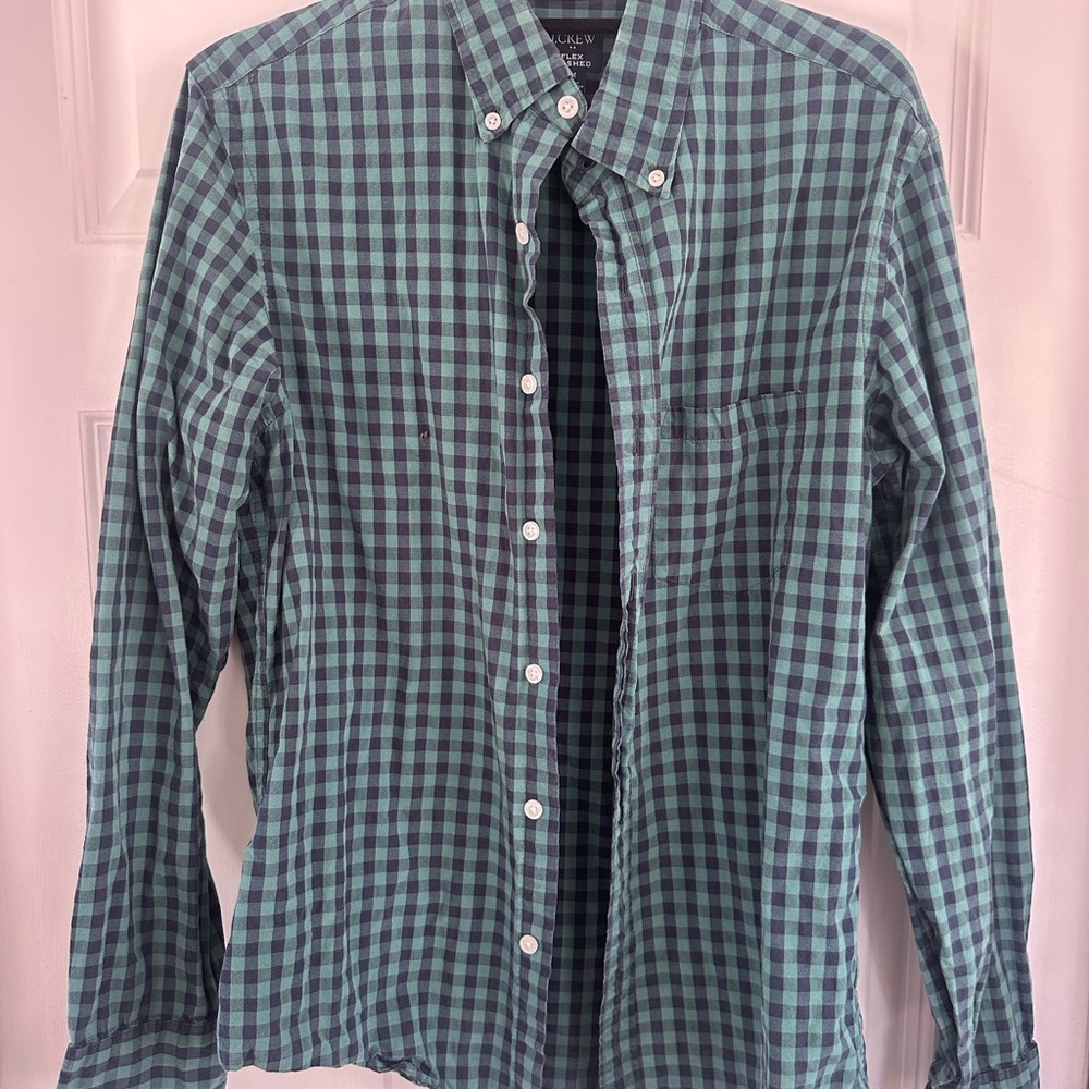 J. Crew Men's Blue and Green Checkered Shirt